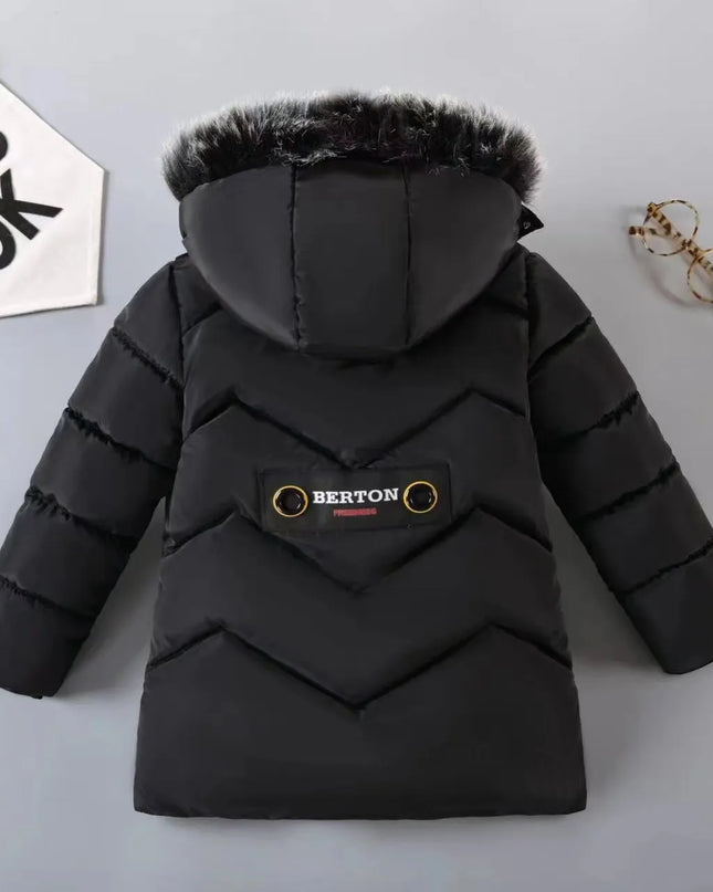 2023 New Style Winter Keep Warm Boys Jacket Letter F Fashion Lining With Plush Fur Collar Hooded Heavy Coat For Kids