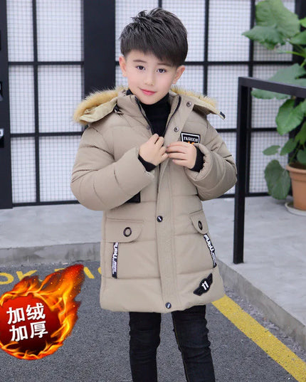 4 6 8 10 12 14 Years Big Boys Jacket Autumn Winter Plus Velvet Warm Teen Kids Jackets Fashion Mid-Length Zipper Hooded Boys Coat