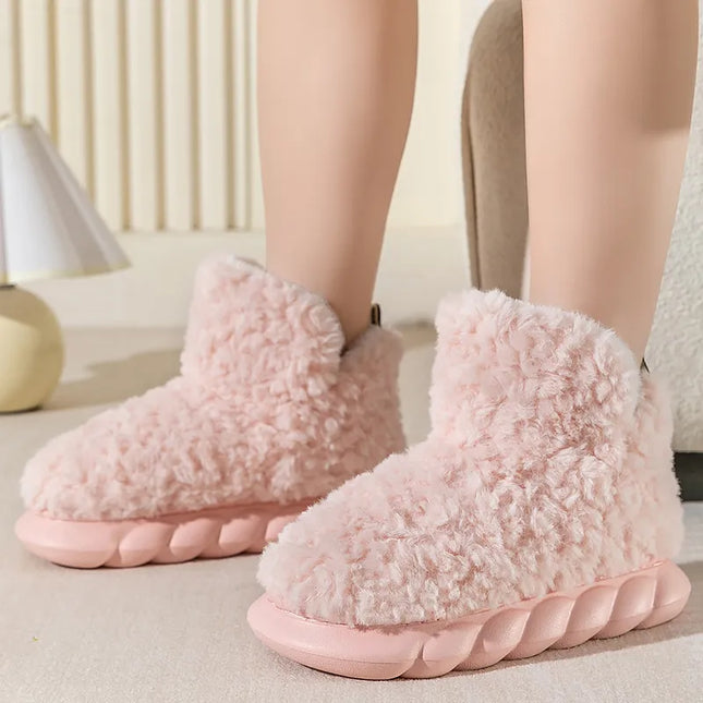 Furry Slipper Winter Home Slipper for Women Warm Fur High Top 4CM Thick EVA Short Boots Indoor Living Room Couple Slippers