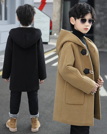 2023 New Boys Wool Coat Autumn Spring Fashion Hooded Jackets Solid Single-Breasted Outerwear Children Mid-Length Parka 5-14Y