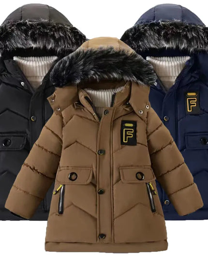 2023 New Style Winter Keep Warm Boys Jacket Letter F Fashion Lining With Plush Fur Collar Hooded Heavy Coat For Kids