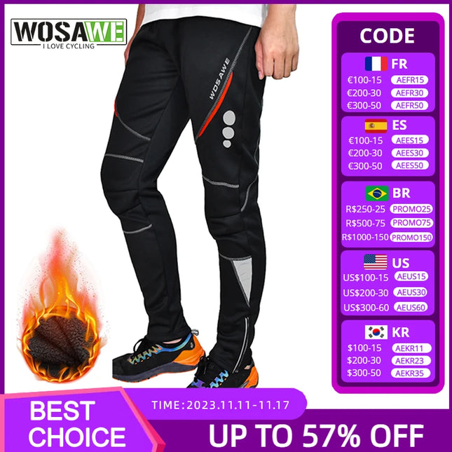 WOSAWE Winter Men's Cycling Bicycle Pants Thermal Fleece Windproof Trousers Sportswear Bike Reflective Tights Cycling Long Pants
