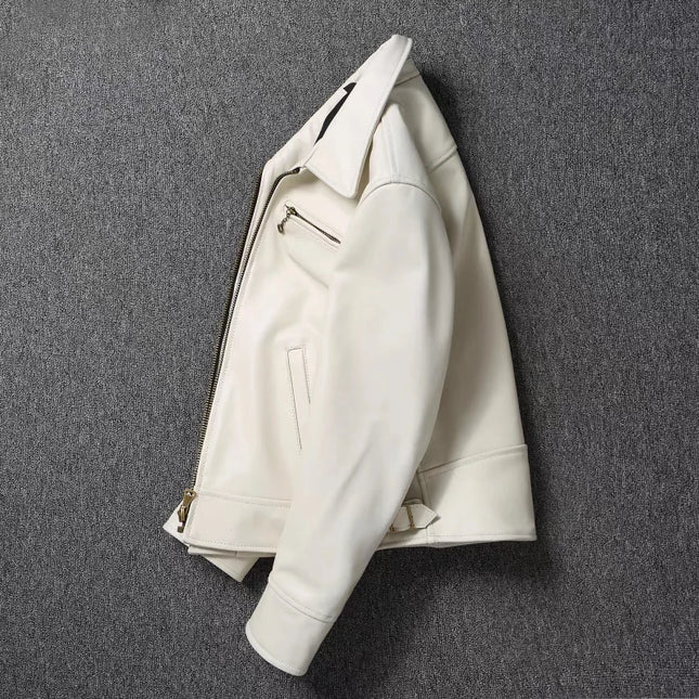 Men’s White Calfskin Leather Jacket - Slim Fit Natural Cowhide Biker Coat with Lapel