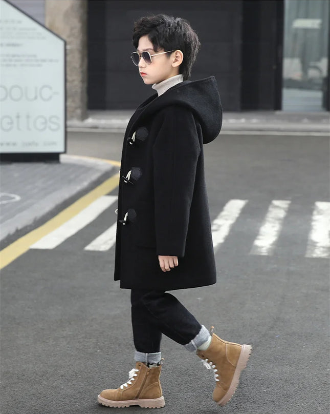 2023 New Boys Wool Coat Autumn Spring Fashion Hooded Jackets Solid Single-Breasted Outerwear Children Mid-Length Parka 5-14Y