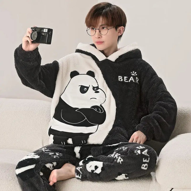 2023 New Men's Pajamas Plush Coral Fleece Pajamas Autumn Winter Sleepwear Thick Long Sleeves Hooded Cartoon Warm Loungewear Set