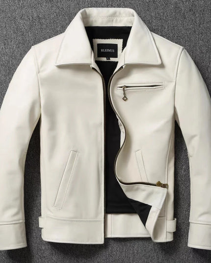 Men’s White Calfskin Leather Jacket - Slim Fit Natural Cowhide Biker Coat with Lapel