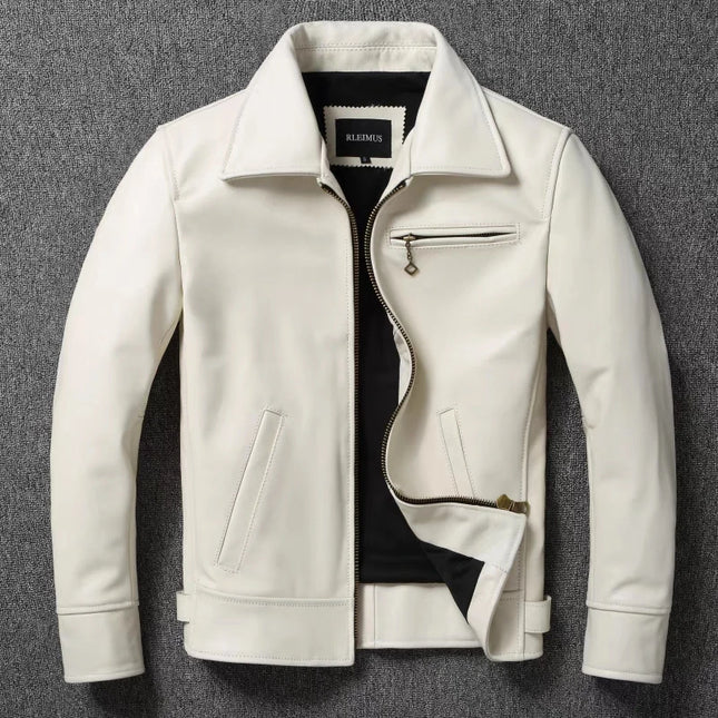 Men’s White Calfskin Leather Jacket - Slim Fit Natural Cowhide Biker Coat with Lapel