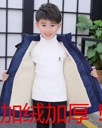 4 6 8 10 12 14 Years Big Boys Jacket Autumn Winter Plus Velvet Warm Teen Kids Jackets Fashion Mid-Length Zipper Hooded Boys Coat