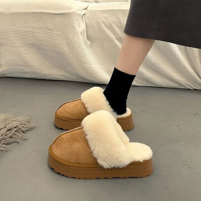 Shoes Woman 2023 Plush Slippers For Adults Low Pantofle Platform Fur Flat New Hoof Heels Cotton Fabric Rubber Rome Basic Slides