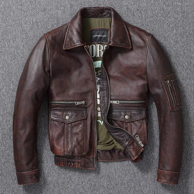 Men's Vintage Cowhide Bomber Jacket - Genuine Leather A2 Calfskin Motorcycle Coat