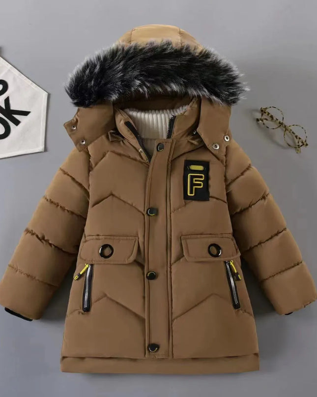 2023 New Style Winter Keep Warm Boys Jacket Letter F Fashion Lining With Plush Fur Collar Hooded Heavy Coat For Kids