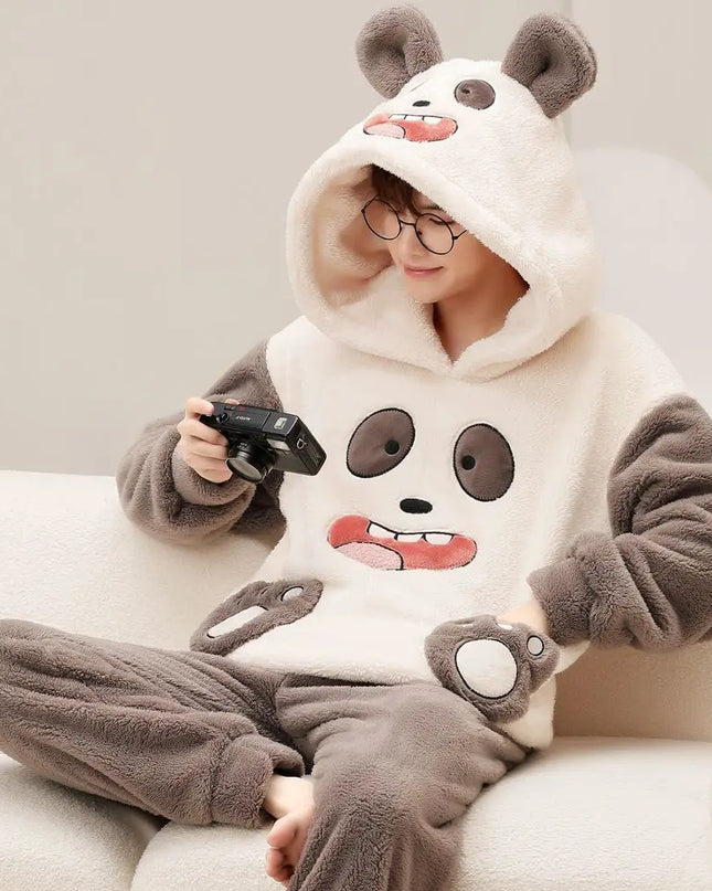 2023 New Men's Pajamas Plush Coral Fleece Pajamas Autumn Winter Sleepwear Thick Long Sleeves Hooded Cartoon Warm Loungewear Set