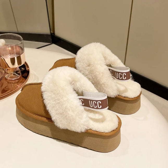 2023 New Leather Women Fashion Winter Indoor Solid Color Suede Fur Slippers Ladies Home Platform Warm Slip-on Women’s Shoes