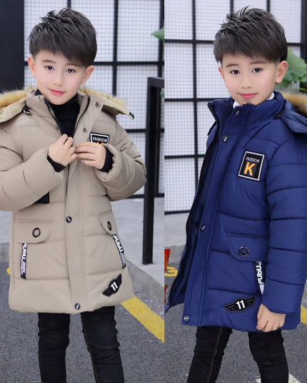 4 6 8 10 12 14 Years Big Boys Jacket Autumn Winter Plus Velvet Warm Teen Kids Jackets Fashion Mid-Length Zipper Hooded Boys Coat