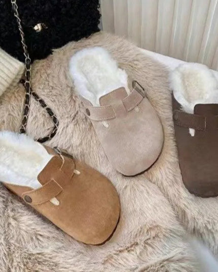 Women's Slippers Autumn Winter Leather Round Toe Slippers Couple Slippers Outdoor Casual Keep Warm Women Suede Slides Mujer