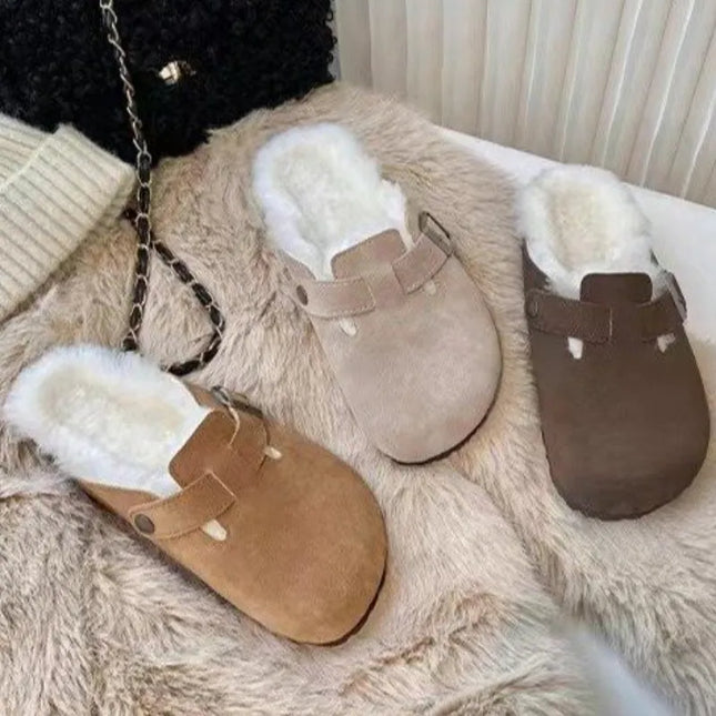 Women's Slippers Autumn Winter Leather Round Toe Slippers Couple Slippers Outdoor Casual Keep Warm Women Suede Slides Mujer