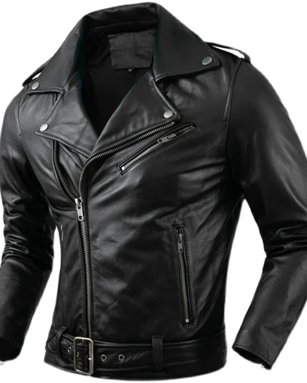 Genuine Cowhide Leather Motorcycle Coat Cow Skin Jacket Men Lapel Leather Jackets Mens Clothing Real Leather Coat Men