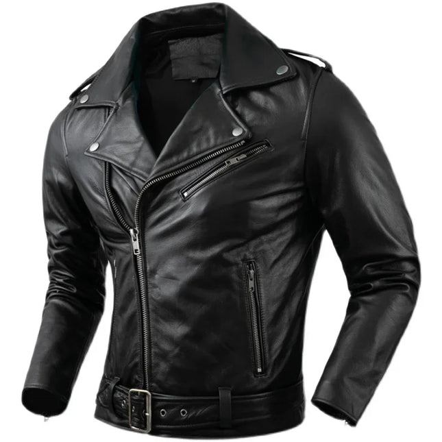 Genuine Cowhide Leather Motorcycle Coat Cow Skin Jacket Men Lapel Leather Jackets Mens Clothing Real Leather Coat Men