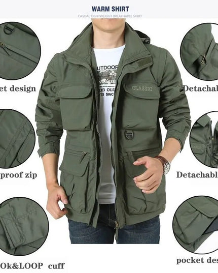 Top Men Autumn Multi-pocket Military Tech Wear Soft Shell Jacket Outdoor Hooded Utility Detachable Sleeves Travel Vest Outerwear