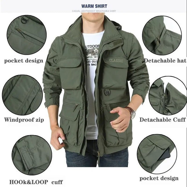Top Men Autumn Multi-pocket Military Tech Wear Soft Shell Jacket Outdoor Hooded Utility Detachable Sleeves Travel Vest Outerwear