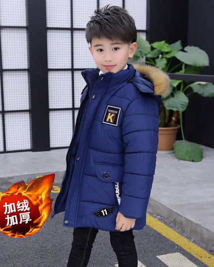 4 6 8 10 12 14 Years Big Boys Jacket Autumn Winter Plus Velvet Warm Teen Kids Jackets Fashion Mid-Length Zipper Hooded Boys Coat