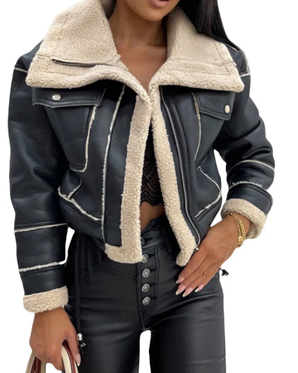 Women Faux Leather Biker Jacket with Faux Fur Trimmed Collar Vintage Moto Coat Warm Winter Outerwear