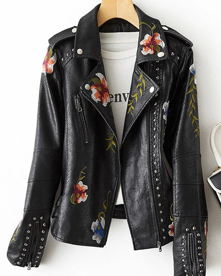 FTLZZ New Women Retro Floral Print Embroidery Faux Soft Leather Jacket Coat Turndown Collar Pu Moto Biker Black Punk Outerwear