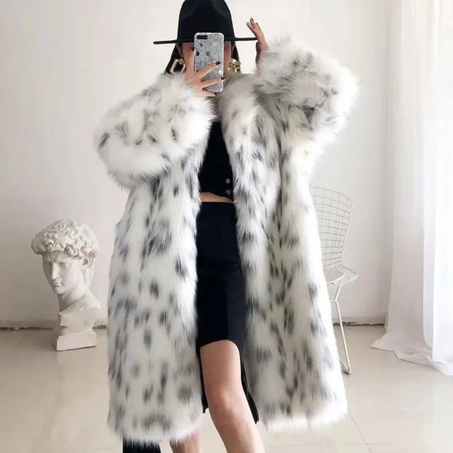 Faux Fox Fur Plus Size Coat  Mid Length Long Sleeve Jacket Casual Loose Cardigan Fur Coat Women White Fleece High Quality Coat