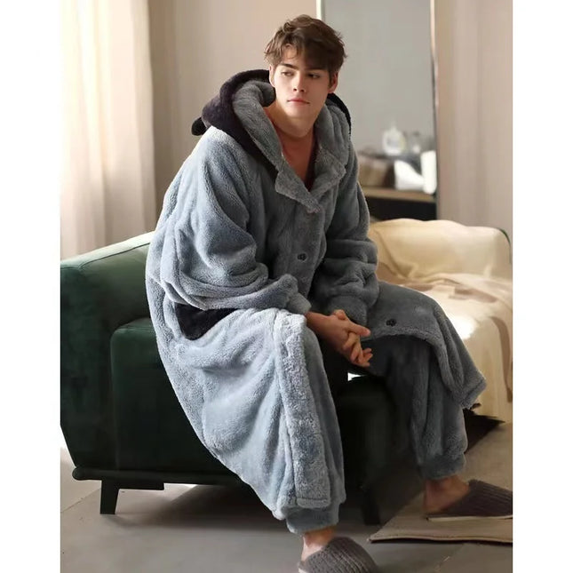 Winter Warm Pajamas Sets For Men Hooded Long Bathrobe Suits Elastic Pants Oversized Sleepwear Male Home Clothes Homewear