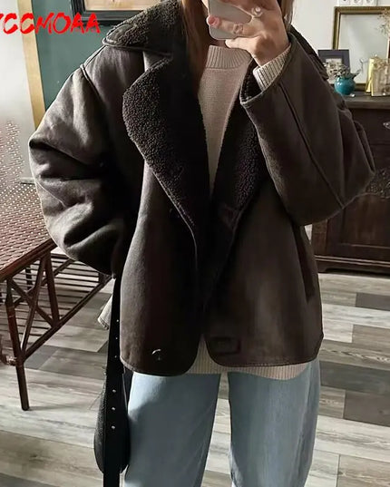 MNCCMOAA 2023 High Quality Winter Women Vintage Long Sleeve Warm Faux Fleece Jacket Coat Female Casual Solid Pocket Outwear Tops