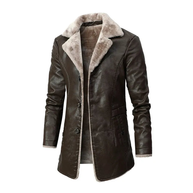 2023 Men Winter Long Thick Fleece PU Leather Jacket New Winter Fashion Suit Collar Men's Windbreaker Leather Jacket Coats
