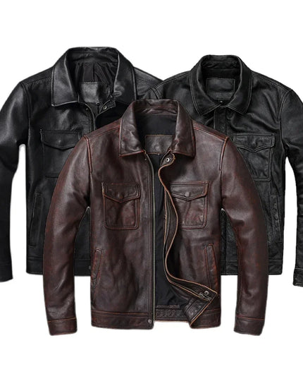 Vintage Brown Red Genuine Leather Jacket Men 100% Cowhide Natural Leather Jackets Man Leather Autumn Clothing Coat Cow Jacket
