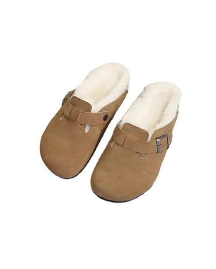 Women's Slippers Autumn Winter Leather Round Toe Slippers Couple Slippers Outdoor Casual Keep Warm Women Suede Slides Mujer