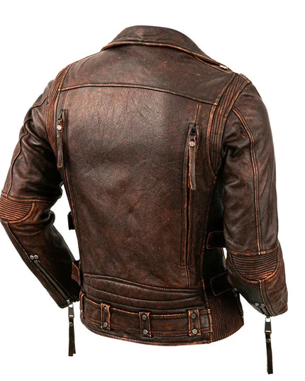 Motorcycle Cowhide Genuine Leather Jacket Men Slim Stone Milled Retro Jacket Calfskin Leather Coat Men Moto Biker Riding Clothes