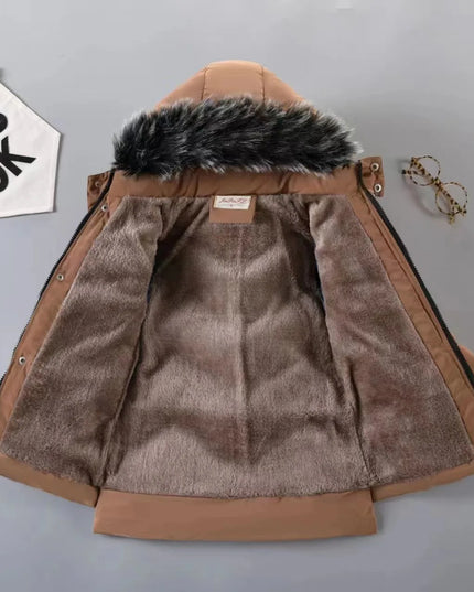 2023 New Style Winter Keep Warm Boys Jacket Letter F Fashion Lining With Plush Fur Collar Hooded Heavy Coat For Kids