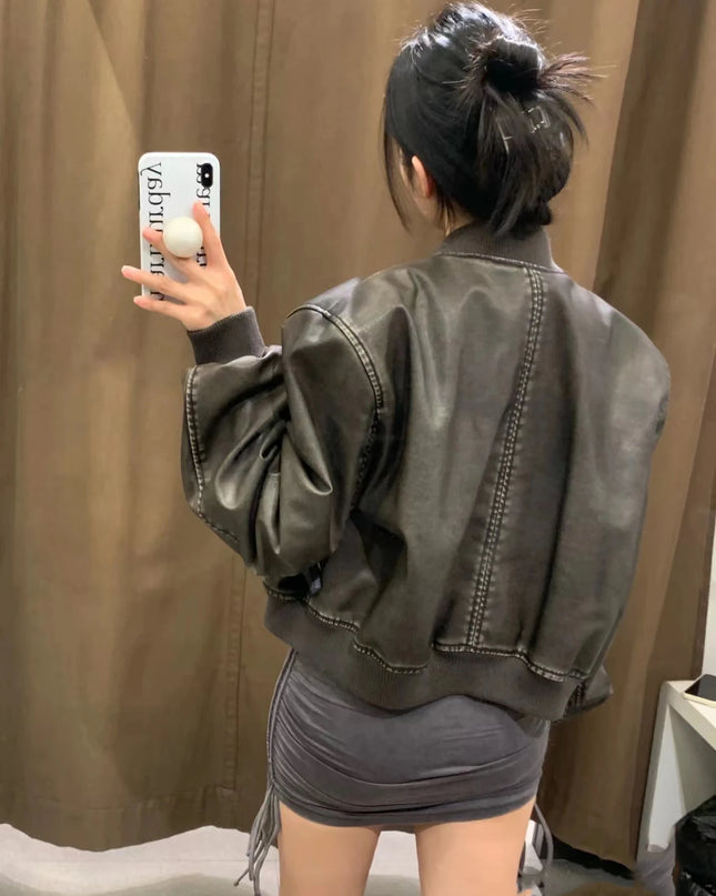 RARF 2023 Women's new vintage imitation leather bomber jacket coat top women's style