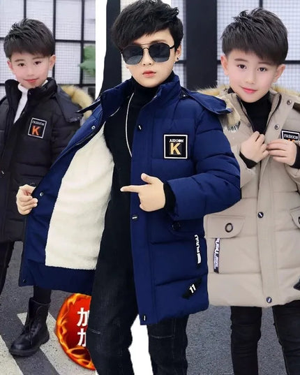 2023 New 4-14 Years Very Keep Warm Winter Boys Jacket Teenager Mid-Length Plus Velvet Thickening  Hooded Cotton Coat For Kids