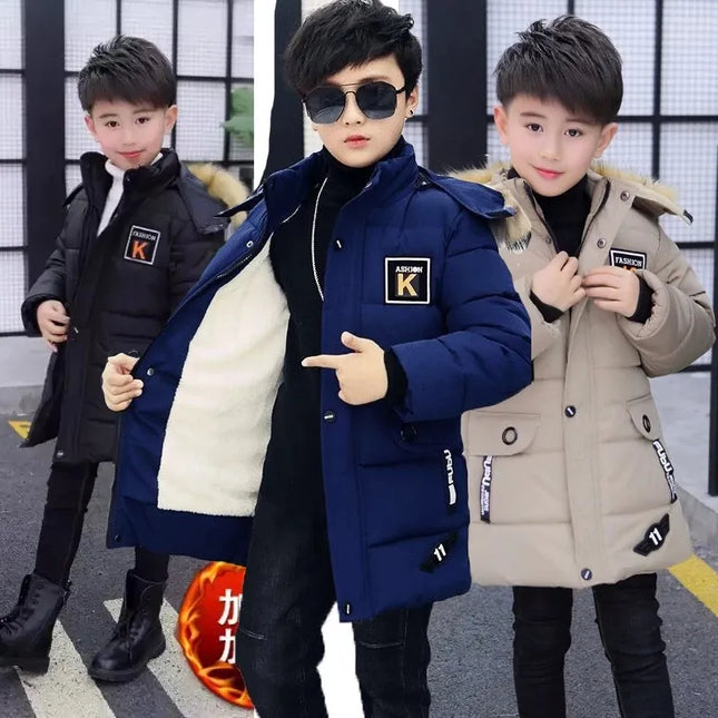 2023 New 4-14 Years Very Keep Warm Winter Boys Jacket Teenager Mid-Length Plus Velvet Thickening  Hooded Cotton Coat For Kids