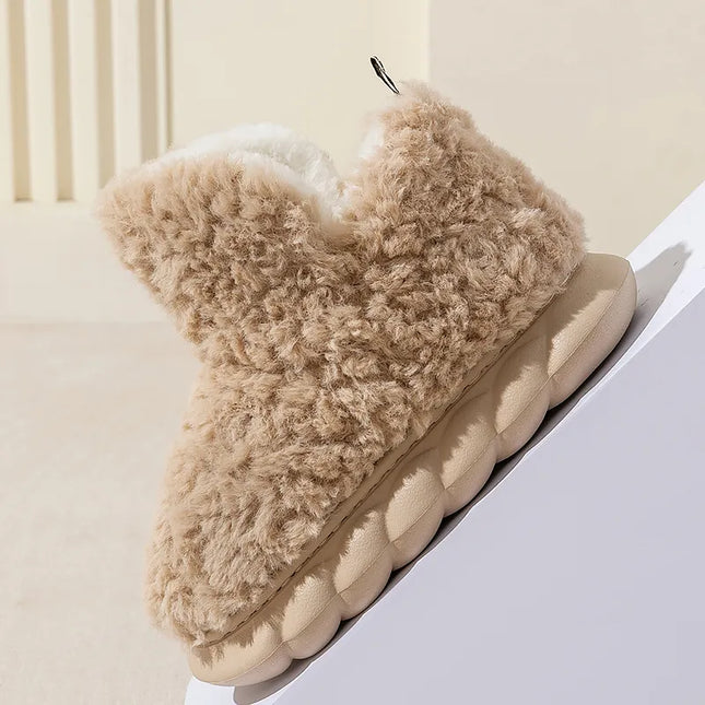 Furry Slipper Winter Home Slipper for Women Warm Fur High Top 4CM Thick EVA Short Boots Indoor Living Room Couple Slippers