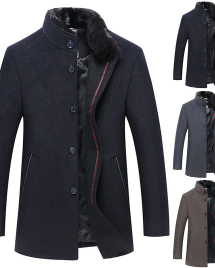 Men's Winter Woolen Coat with Fur Collar | Business Casual, Thickened for Cold Weather