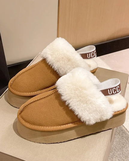 2023 New Leather Women Fashion Winter Indoor Solid Color Suede Fur Slippers Ladies Home Platform Warm Slip-on Women’s Shoes