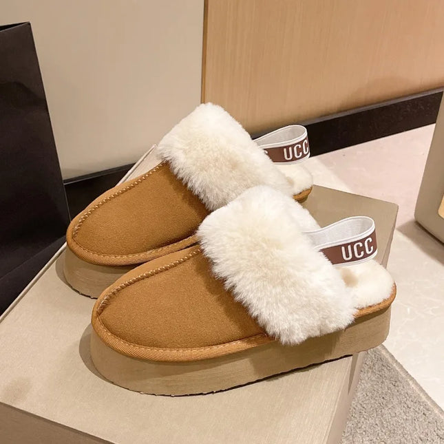 2023 New Leather Women Fashion Winter Indoor Solid Color Suede Fur Slippers Ladies Home Platform Warm Slip-on Women’s Shoes