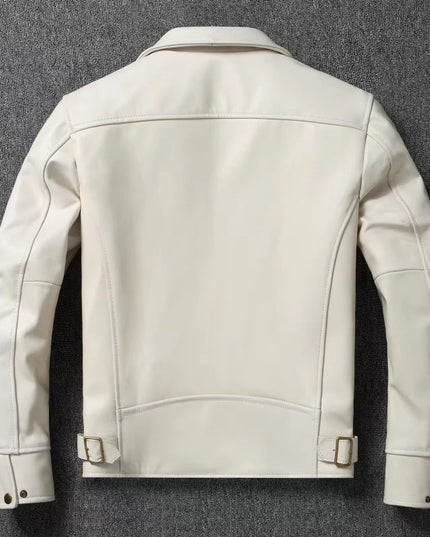 Men’s White Calfskin Leather Jacket - Slim Fit Natural Cowhide Biker Coat with Lapel