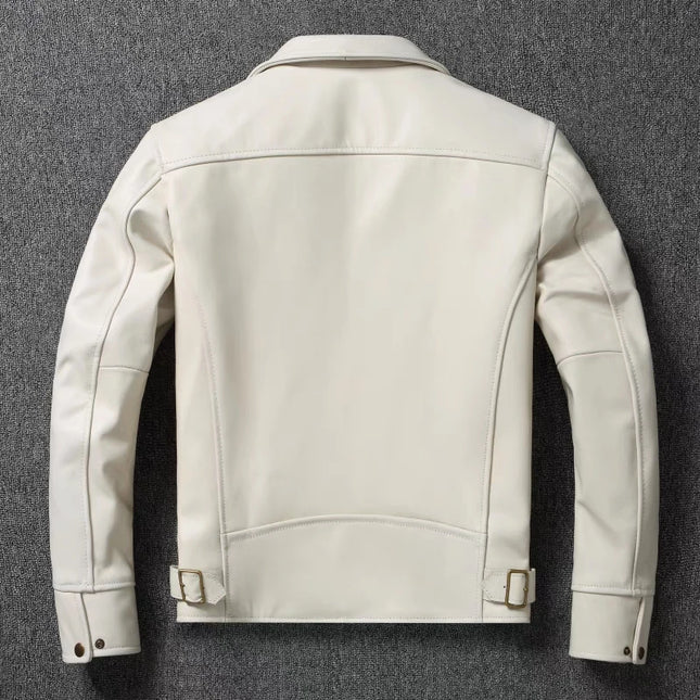 Men’s White Calfskin Leather Jacket - Slim Fit Natural Cowhide Biker Coat with Lapel