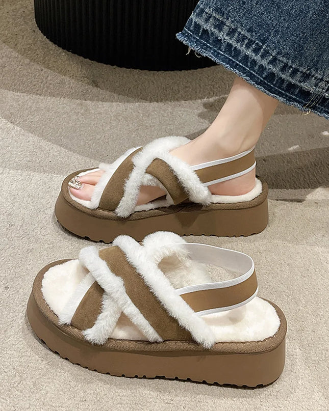 Women'S Plush Slippers 2023 Casual Fashion Cross Tie Thick Sole Comfortable Elastic Band Plush Sandals