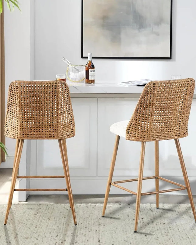 Counter Height Bar Stools Set of 2, 26" Boucle Fabric Upholstered Barstools with PE Rattan Cane Back, Bar Chairs Counter Stools