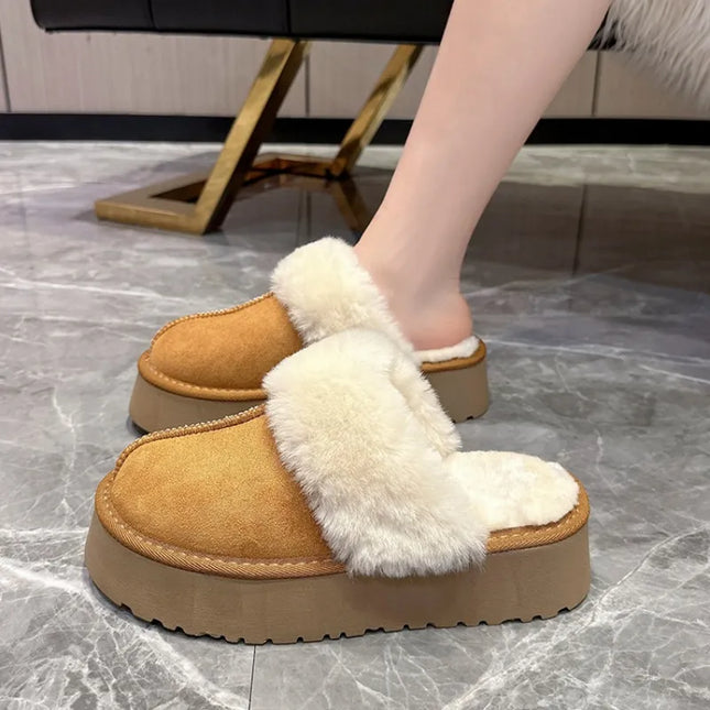 Shoes Woman 2023 Plush Slippers For Adults Low Pantofle Platform Fur Flat New Hoof Heels Cotton Fabric Rubber Rome Basic Slides