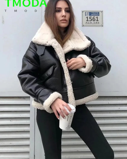 T MODA Women Fashion Thick Warm Faux Leather Shearling Jacket Coat Vintage Long Sleeve Flap Pocket Female Outerwear Chic Tops