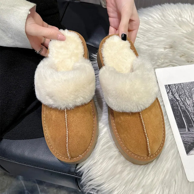 Shoes Woman 2023 Plush Slippers For Adults Low Pantofle Platform Fur Flat New Hoof Heels Cotton Fabric Rubber Rome Basic Slides