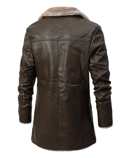 2023 Men Winter Long Thick Fleece PU Leather Jacket New Winter Fashion Suit Collar Men's Windbreaker Leather Jacket Coats